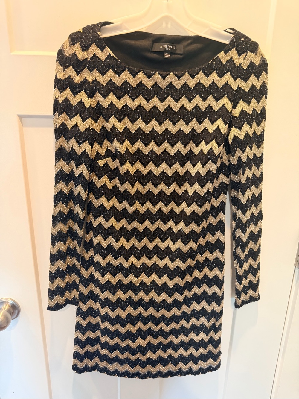 Nine West Black Gold Chevron Lace Long Sleeve Bodycon Dress Size 6